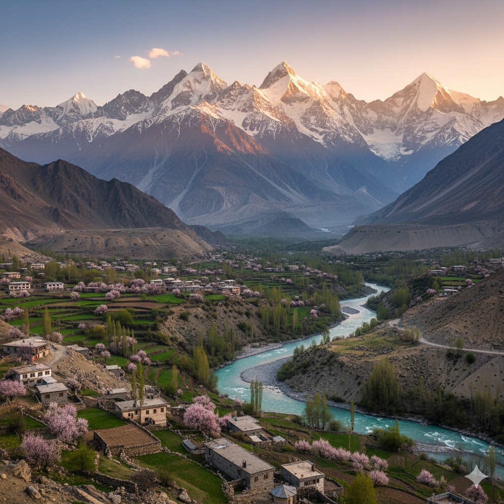 Valley with a river and snow-capped mountains at sunset