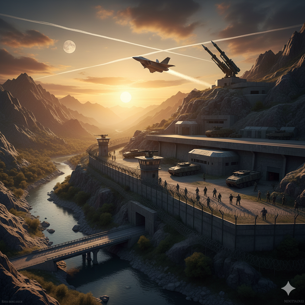 Military base with soldiers, tanks, and an airplane in a mountainous landscape.