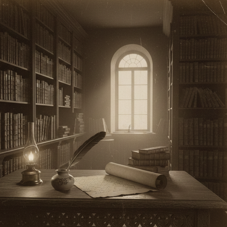 Vintage-style library scene with bookshelves, table, lamp, and feather quill.