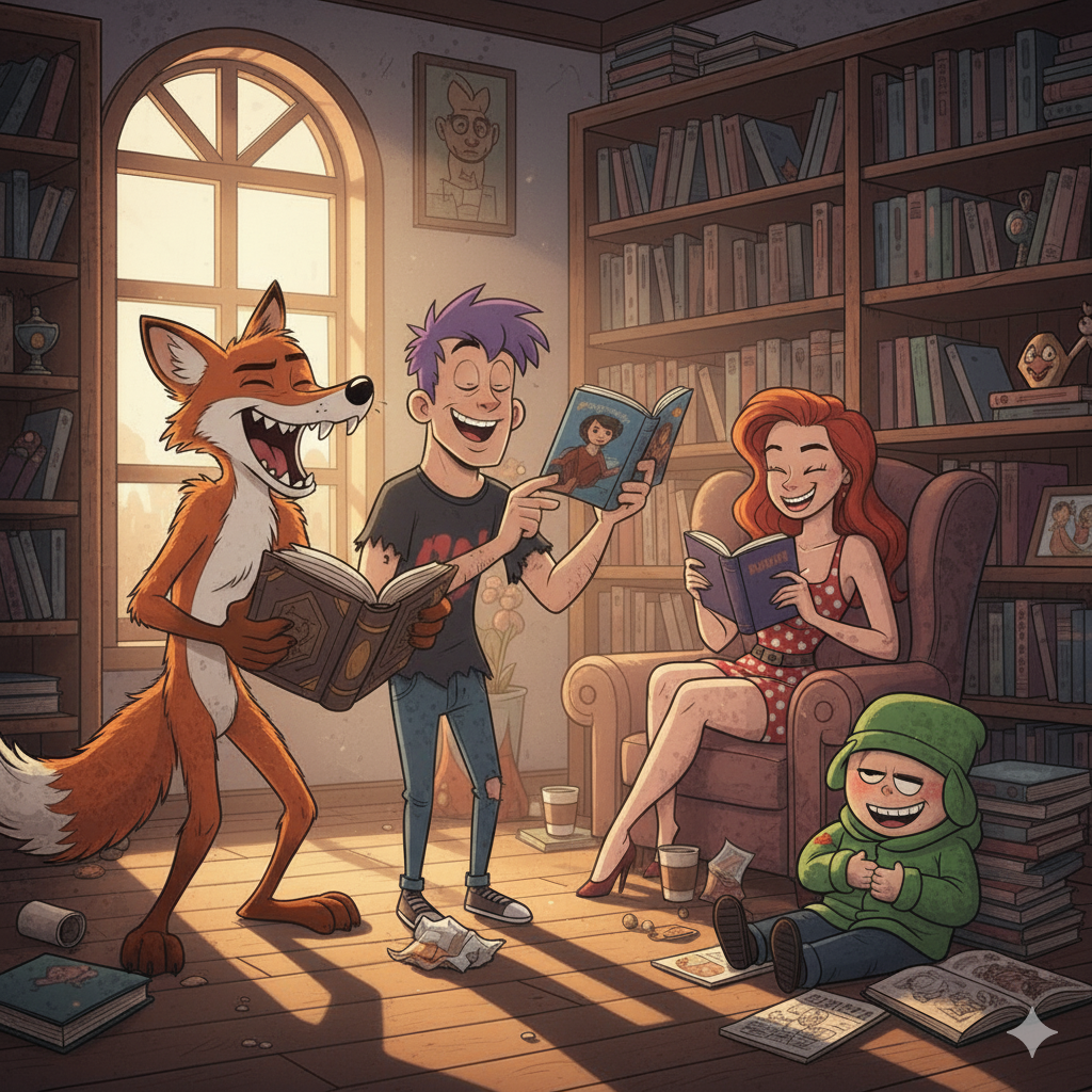 Cartoon scene of a fox, two people, and a child in a cozy room with bookshelves.