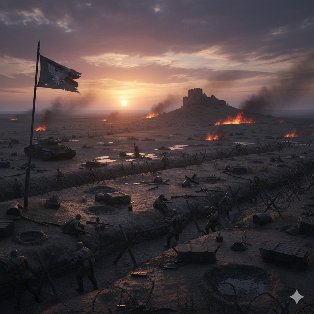 War-torn landscape with burning vehicles and a castle in the distance during sunset.