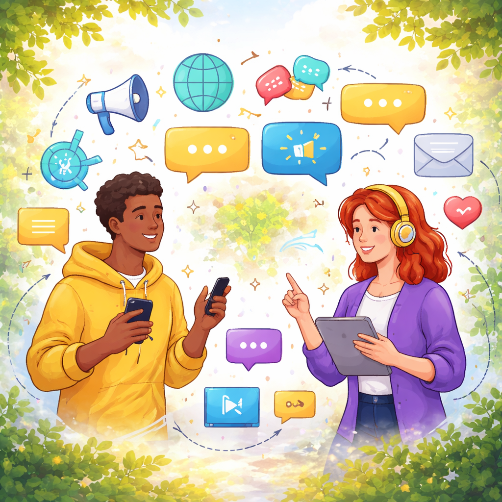 Two people using technology outdoors with communication icons around them