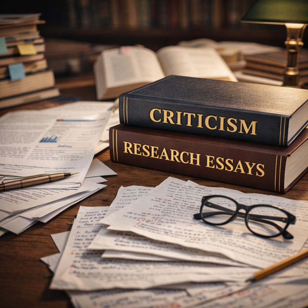 Books titled 'Research Essays' and 'Criticism' on a desk with papers and glasses.