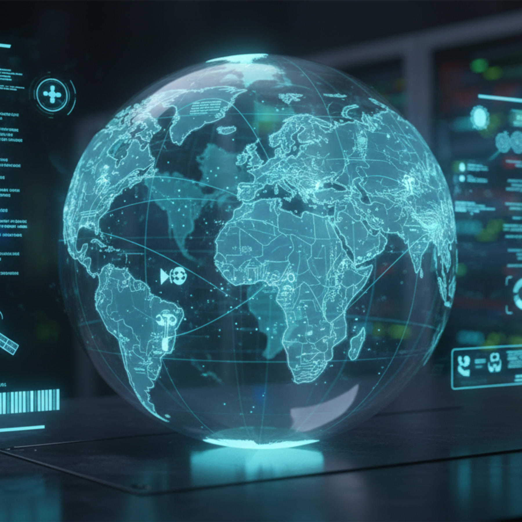 Digital globe with futuristic interface elements on a dark background