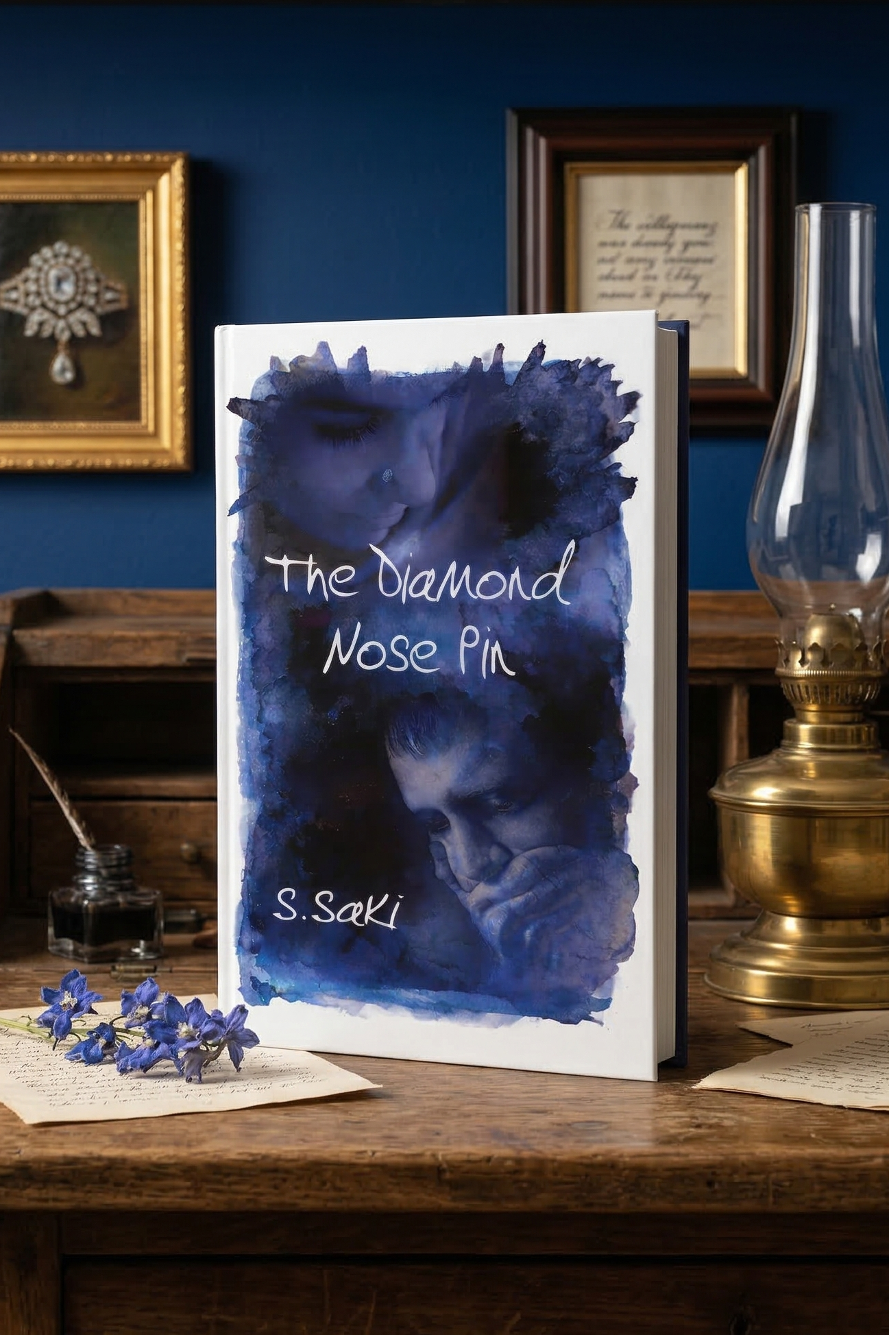 Book titled 'The Diamond Nose Pin' by S. Sakl on a wooden table with a blue wall and bookshelf in the background.