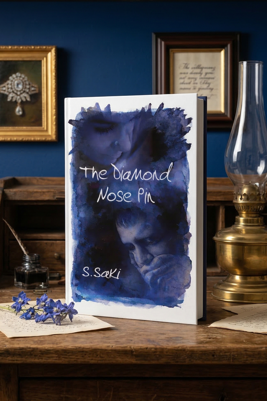 Book titled 'The Diamond Nose Pin' by S. Sakl on a wooden table with a blue wall and bookshelf in the background.